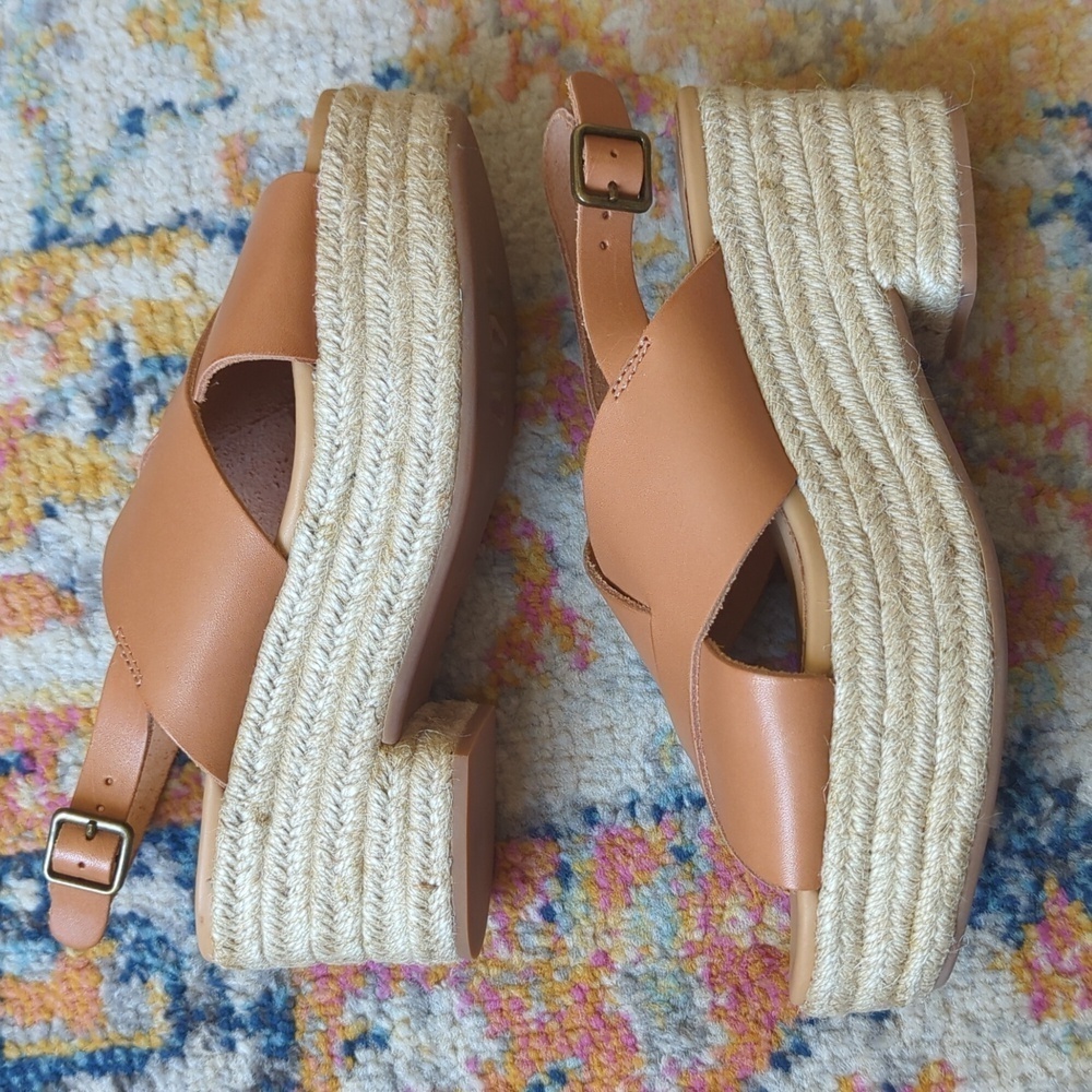 Soludos Amalfi Leather Criss Cross Espadrille Platform Heeled Sandals Nude Tan 7 - Picture 6 of 16
